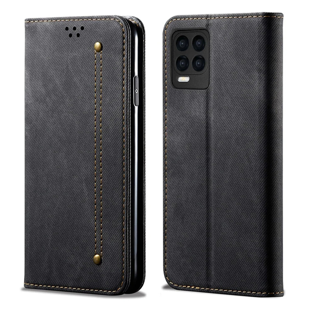 Jeans Cloth Texture Leather Wallet Stand Case for Realme 8/8 Pro - Black - 1
