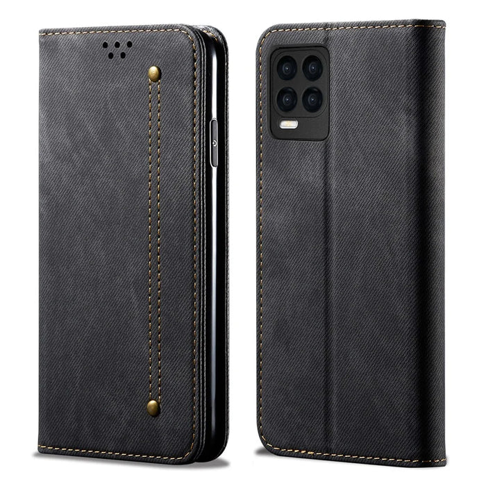 Jeans Cloth Texture Leather Wallet Stand Case for Realme 8/8 Pro - Black - 1