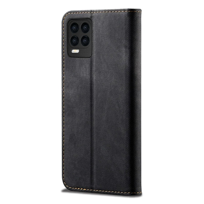 Jeans Cloth Texture Leather Wallet Stand Case for Realme 8/8 Pro - Black - 3