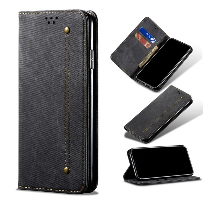 Jeans Cloth Texture Leather Wallet Stand Case for Realme 8/8 Pro - Black - 7