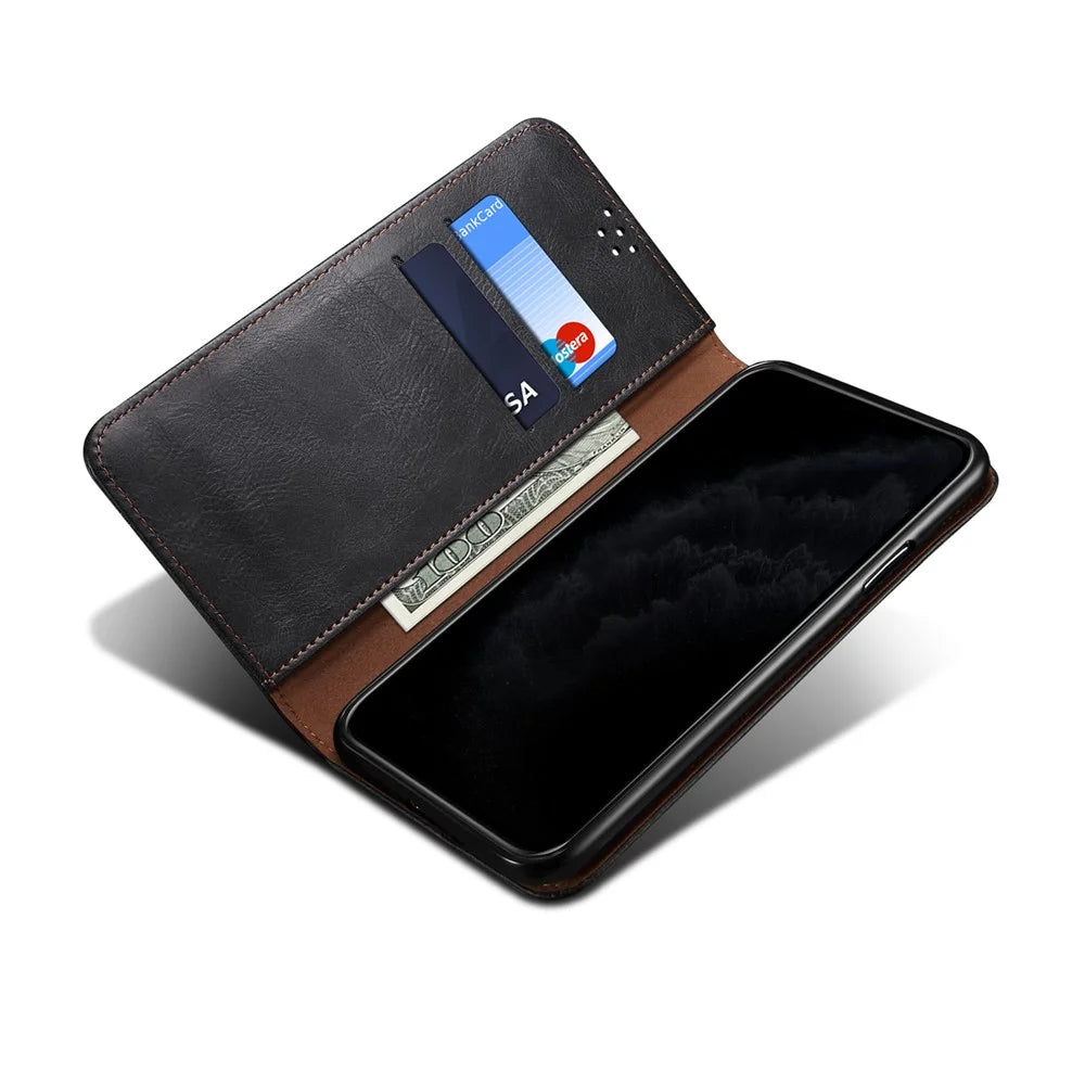 Oil-Waxy Leather Phone Cover with Wallet Stand for Realme 8/8 Pro - Black - 6