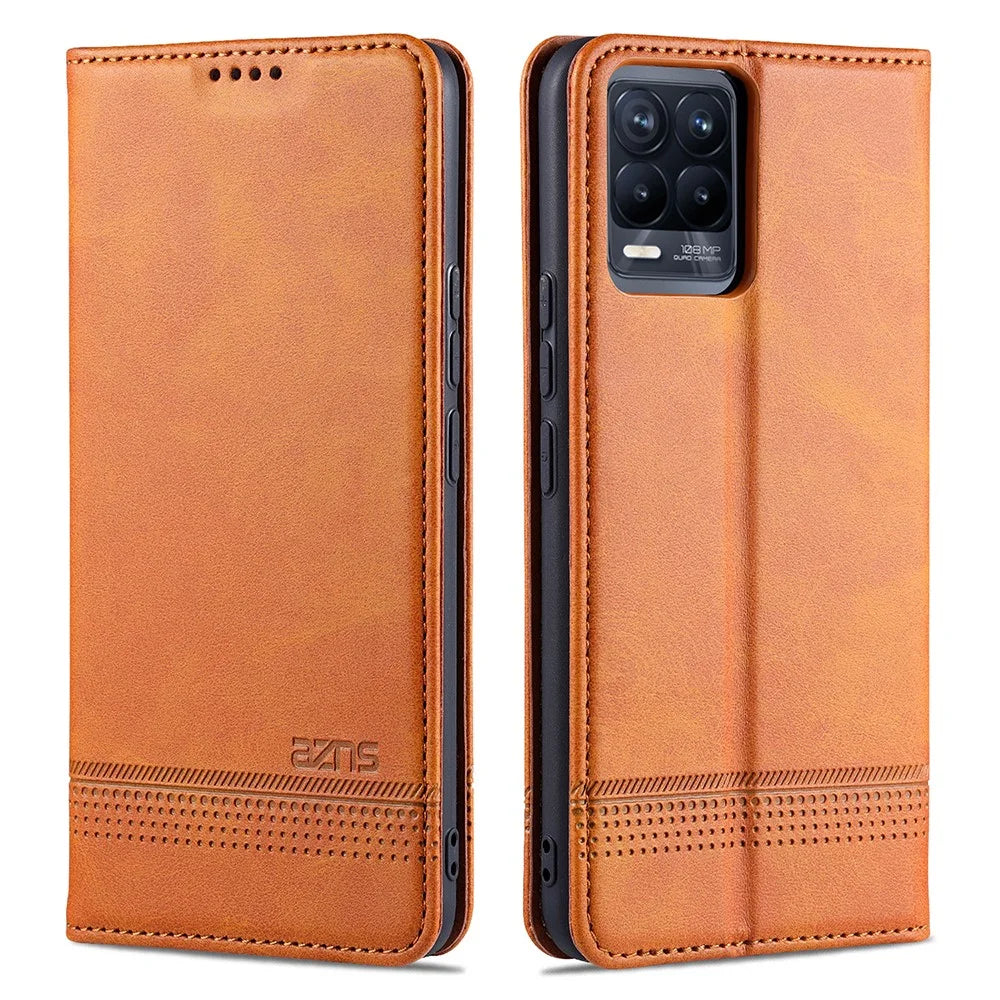 AZNS Auto-absorbed Magnetic Stand Wallet Case Leather Phone Shell for Realme 8/8 Pro - Brown - 1
