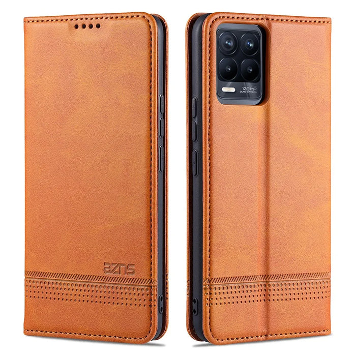 AZNS Auto-absorbed Magnetic Stand Wallet Case Leather Phone Shell for Realme 8/8 Pro - Brown - 1