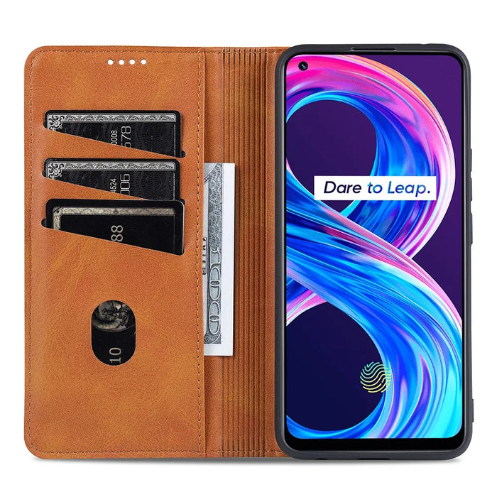 AZNS Auto-absorbed Magnetic Stand Wallet Case Leather Phone Shell for Realme 8/8 Pro - Brown - 5