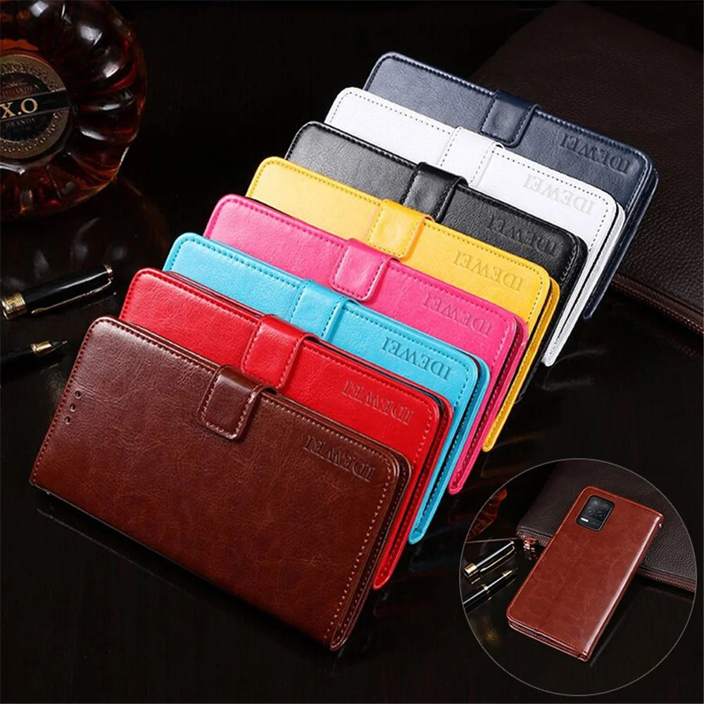 IDEWEI Folio Flip Crazy Horse Texture Leather Casing with Wallet Stand for Realme 8 5G/V13 5G/Narzo 30 5G - Black - 5