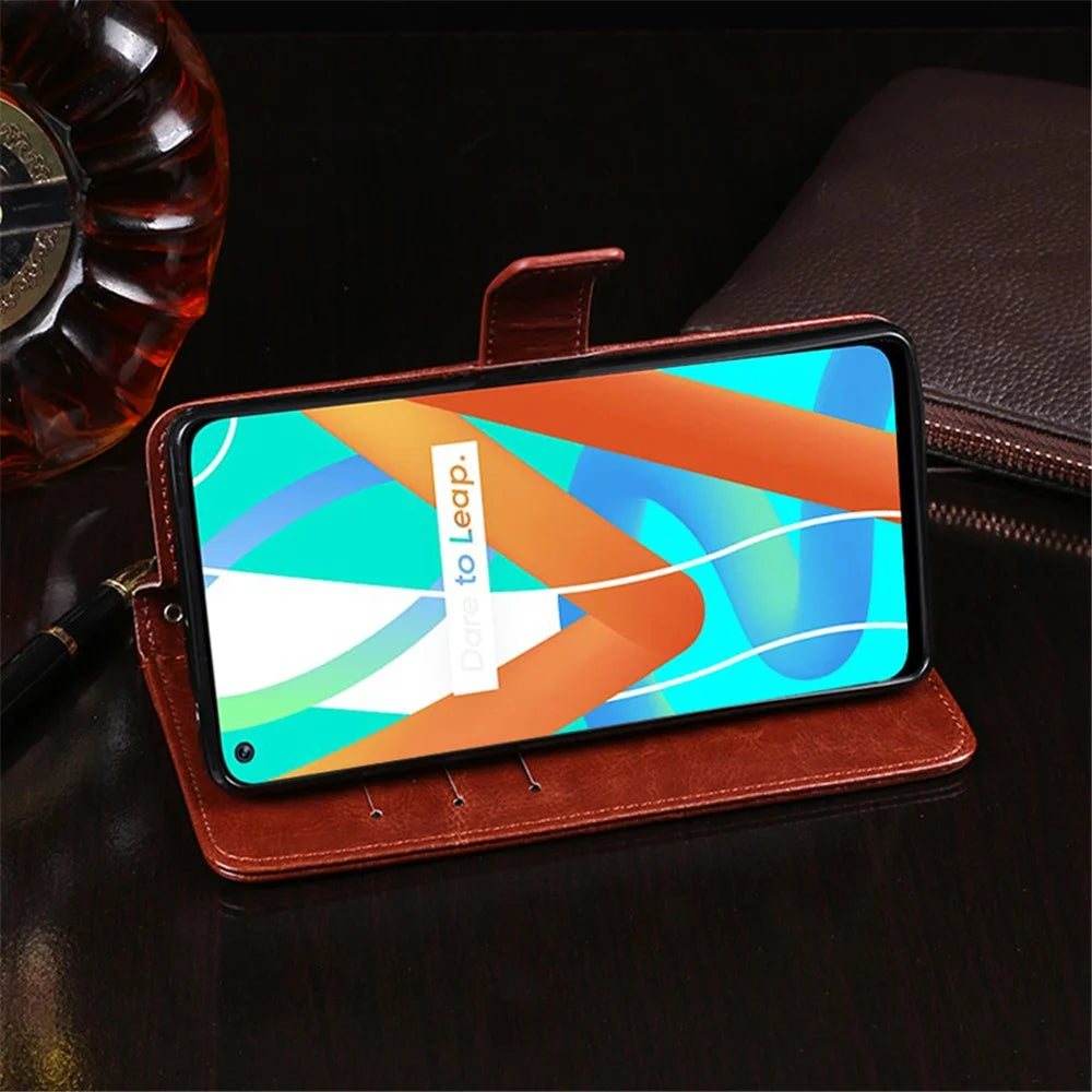 IDEWEI Folio Flip Crazy Horse Texture Leather Casing with Wallet Stand for Realme 8 5G/V13 5G/Narzo 30 5G - Black - 6