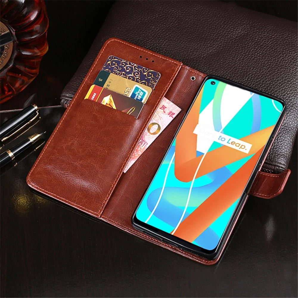 IDEWEI Folio Flip Crazy Horse Texture Leather Casing with Wallet Stand for Realme 8 5G/V13 5G/Narzo 30 5G - Black - 7