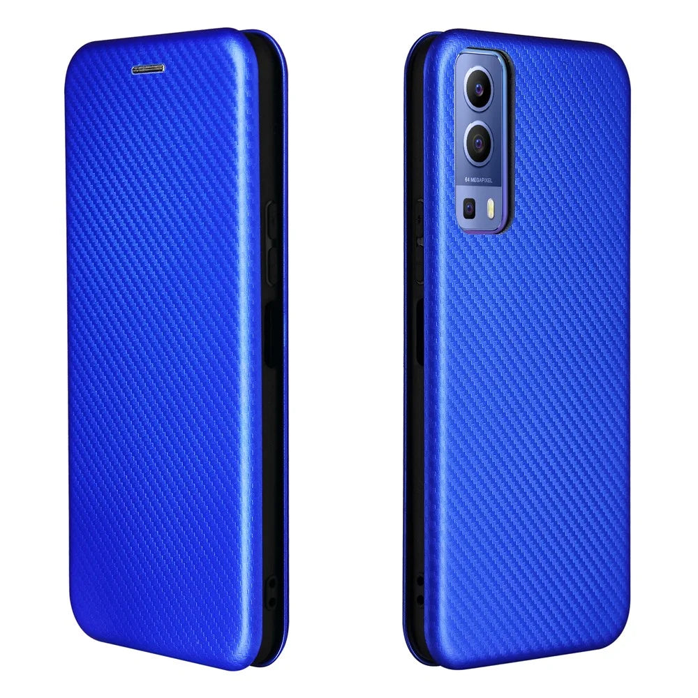 Carbon Fiber Texture Auto-absorbed Leather Mobile Phone Case for vivo Y72 5G/iQOO Z3 5G - Blue - 1