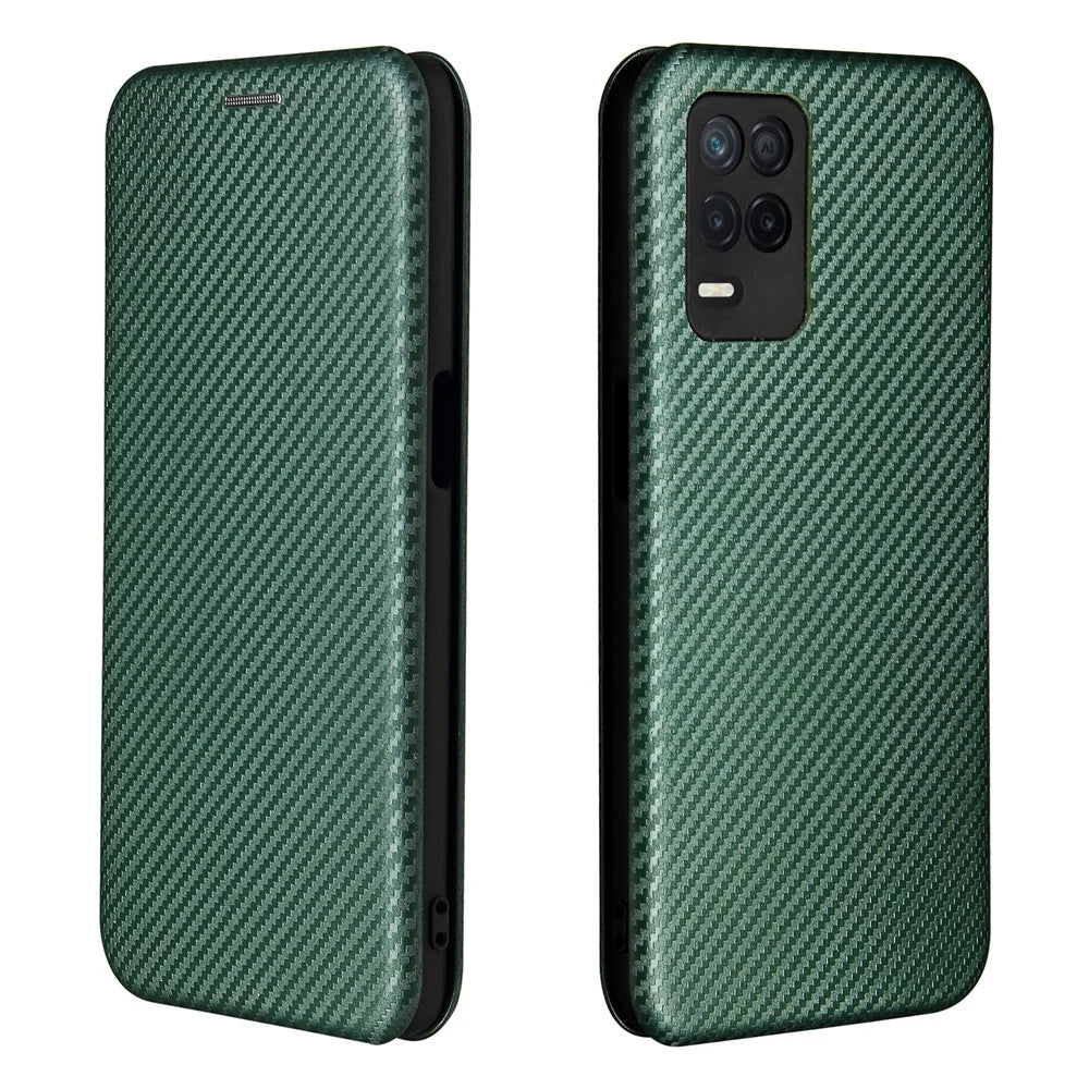 Auto-absorbed Carbon Fiber Leather Card Holder Case for Realme 8 5G/V13 5G/Narzo 30 5G/Q3i 5G/Q3 5G - Green - 1