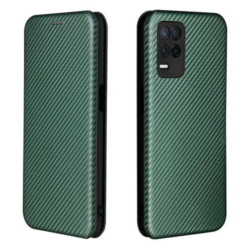 Auto-absorbed Carbon Fiber Leather Card Holder Case for Realme 8 5G/V13 5G/Narzo 30 5G/Q3i 5G/Q3 5G - Green - 1