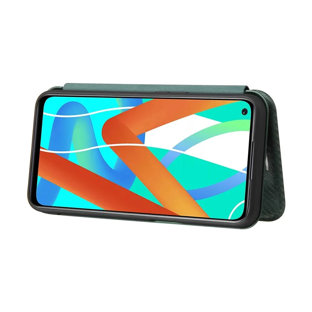 Auto-absorbed Carbon Fiber Leather Card Holder Case for Realme 8 5G/V13 5G/Narzo 30 5G/Q3i 5G/Q3 5G - Green - 3