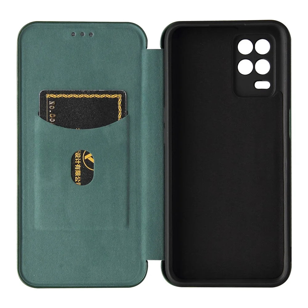 Auto-absorbed Carbon Fiber Leather Card Holder Case for Realme 8 5G/V13 5G/Narzo 30 5G/Q3i 5G/Q3 5G - Green - 4