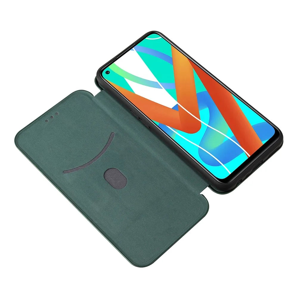 Auto-absorbed Carbon Fiber Leather Card Holder Case for Realme 8 5G/V13 5G/Narzo 30 5G/Q3i 5G/Q3 5G - Green - 5