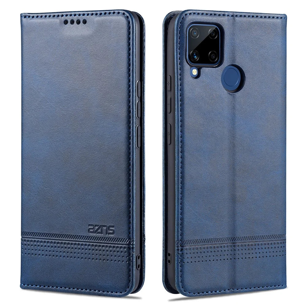 AZNS Stand Wallet Case Auto-absorbed Magnetic Leather Phone Shell for Realme C12/C15/C25/Narzo 30A - Blue - 1