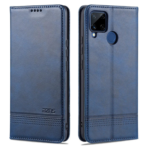 AZNS Stand Wallet Case Auto-absorbed Magnetic Leather Phone Shell for Realme C12/C15/C25/Narzo 30A - Blue - 1