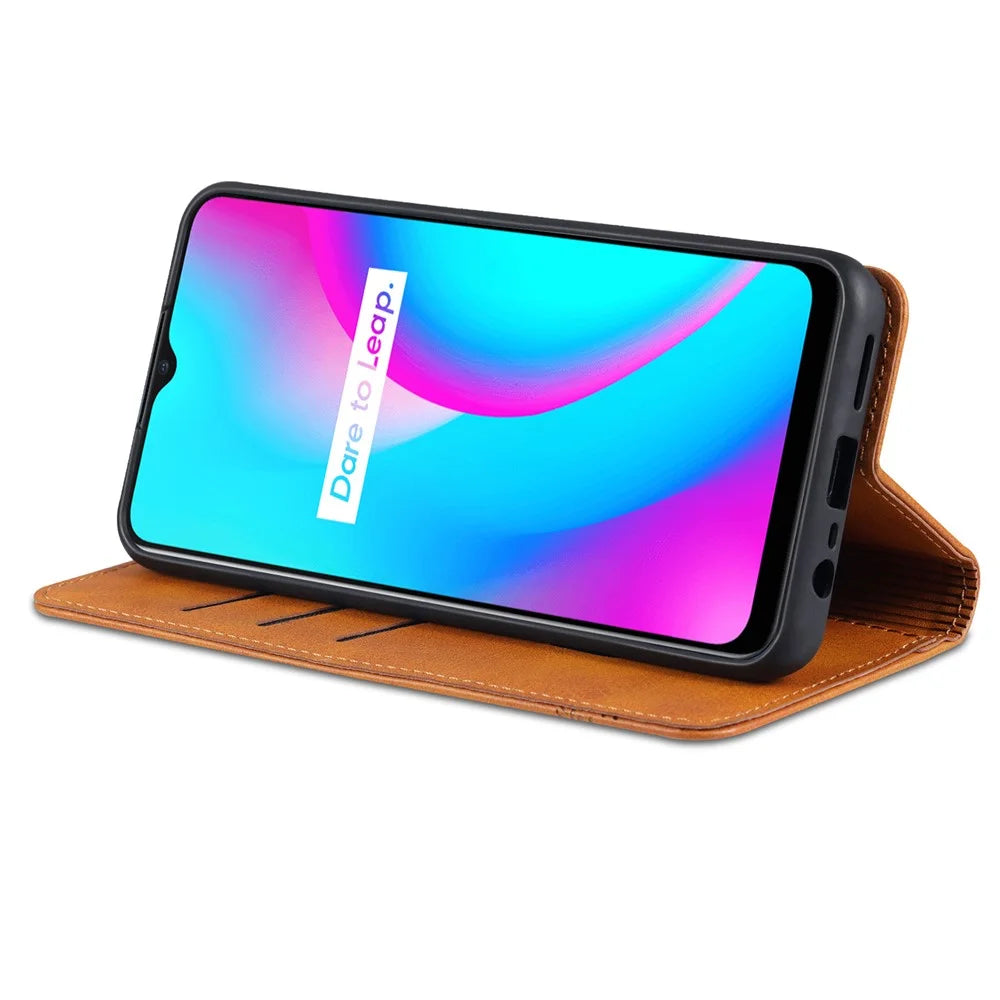 AZNS Stand Wallet Case Auto-absorbed Magnetic Leather Phone Shell for Realme C12/C15/C25/Narzo 30A - Blue - 6