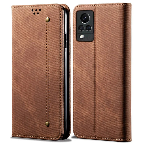 Full Protection Jeans Cloth Texture Leather Wallet Case with Stand for Oppo vivo V21 4G / 5G - Red - 1