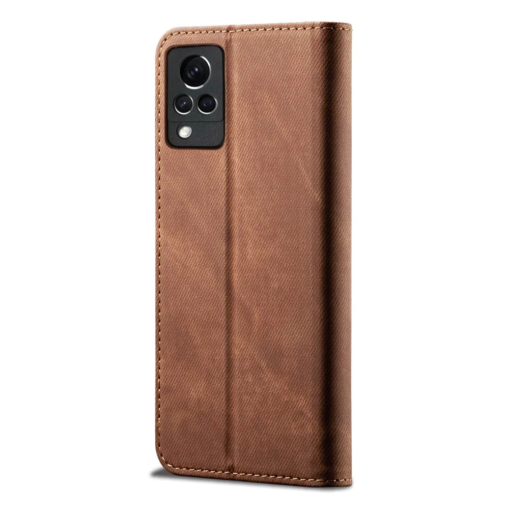 Full Protection Jeans Cloth Texture Leather Wallet Case with Stand for Oppo vivo V21 4G / 5G - Red - 3