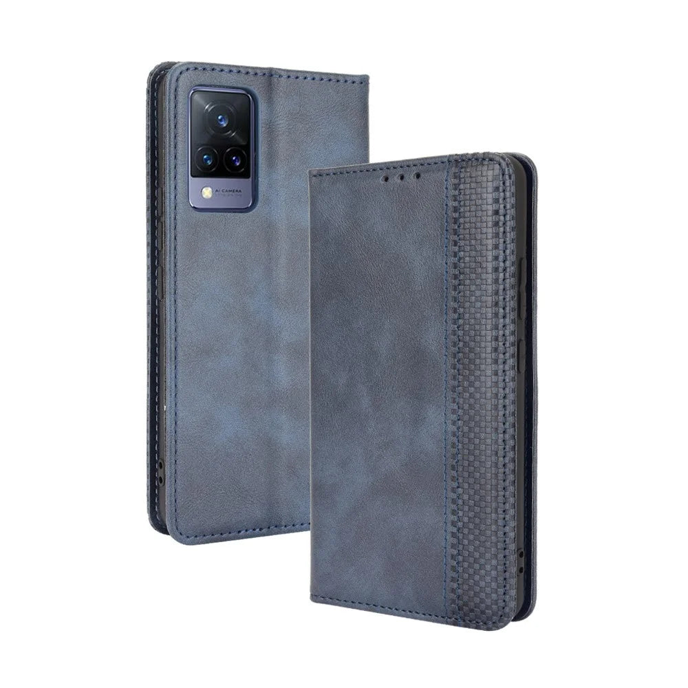Vintage Style Magnetic Auto-absorbed Full-Protection Wallet Stand Leather Phone Shell Case for vivo V21 4G/5G - Blue - 1