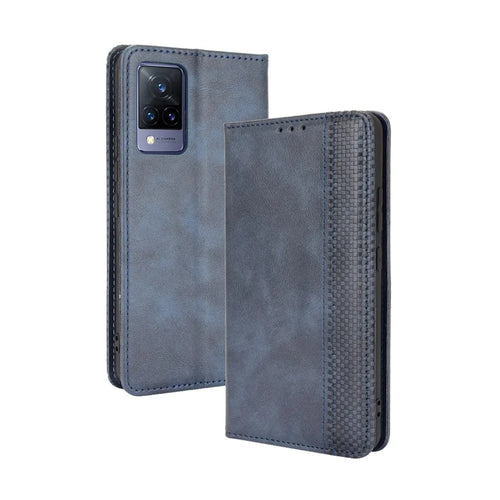 Vintage Style Magnetic Auto-absorbed Full-Protection Wallet Stand Leather Phone Shell Case for vivo V21 4G/5G - Blue - 1