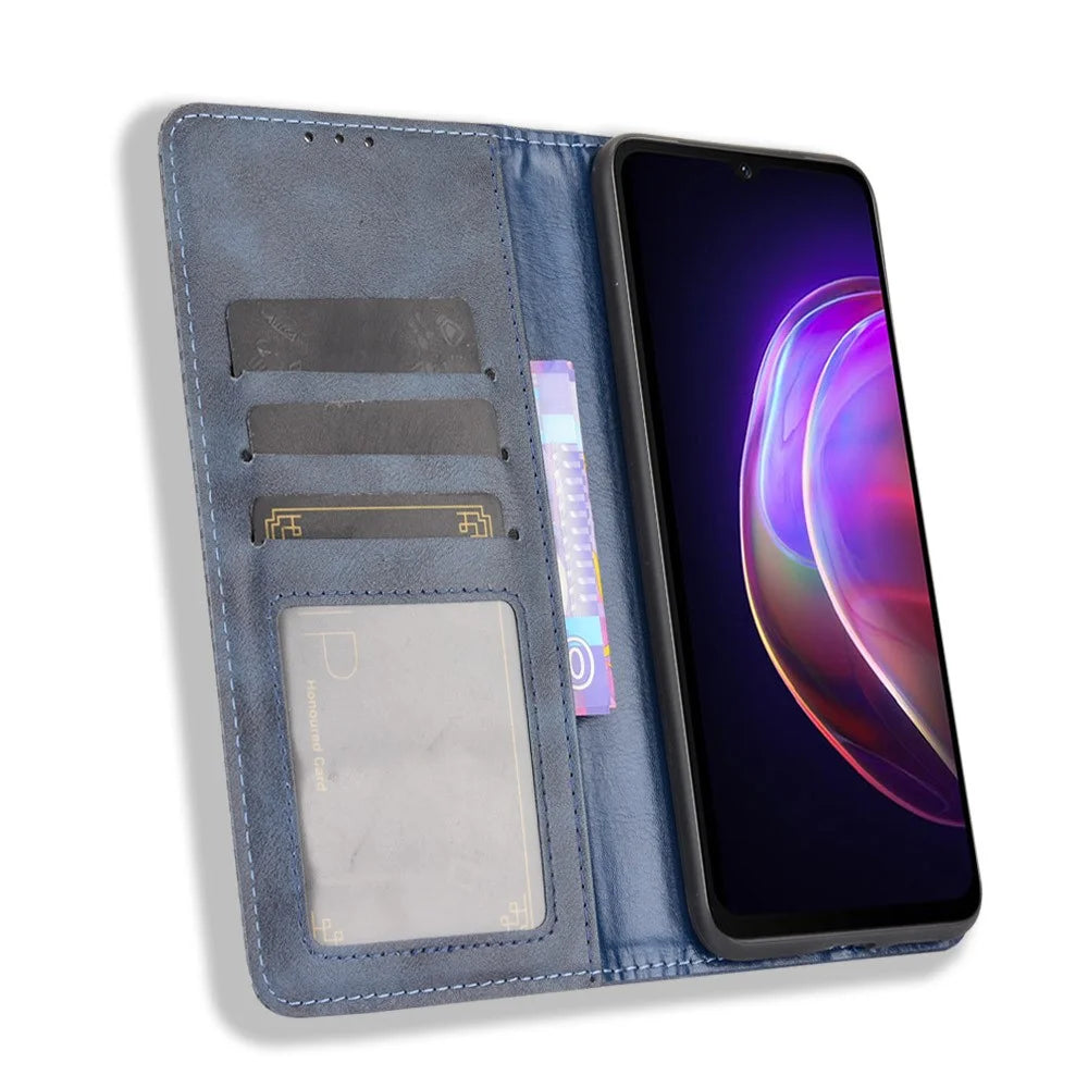 Vintage Style Magnetic Auto-absorbed Full-Protection Wallet Stand Leather Phone Shell Case for vivo V21 4G/5G - Blue - 5