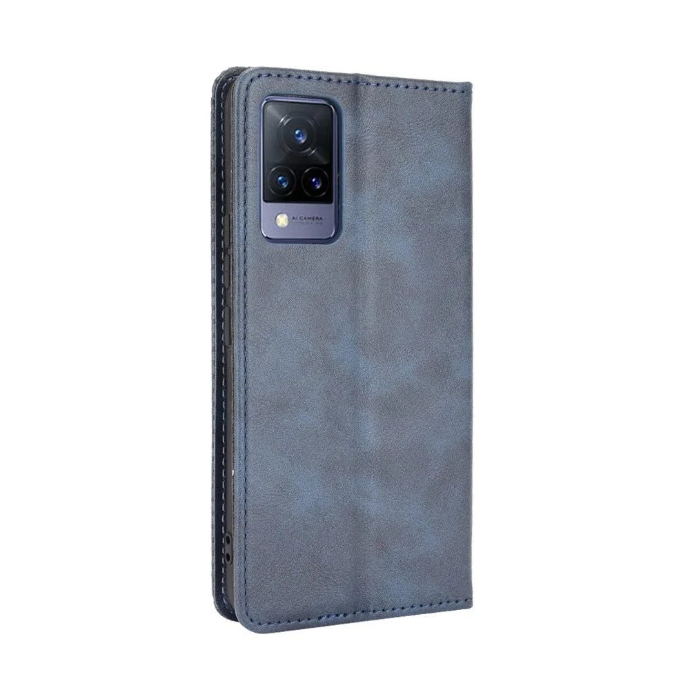 Vintage Style Magnetic Auto-absorbed Full-Protection Wallet Stand Leather Phone Shell Case for vivo V21 4G/5G - Blue - 6