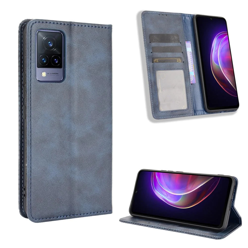 Vintage Style Magnetic Auto-absorbed Full-Protection Wallet Stand Leather Phone Shell Case for vivo V21 4G/5G - Blue - 7