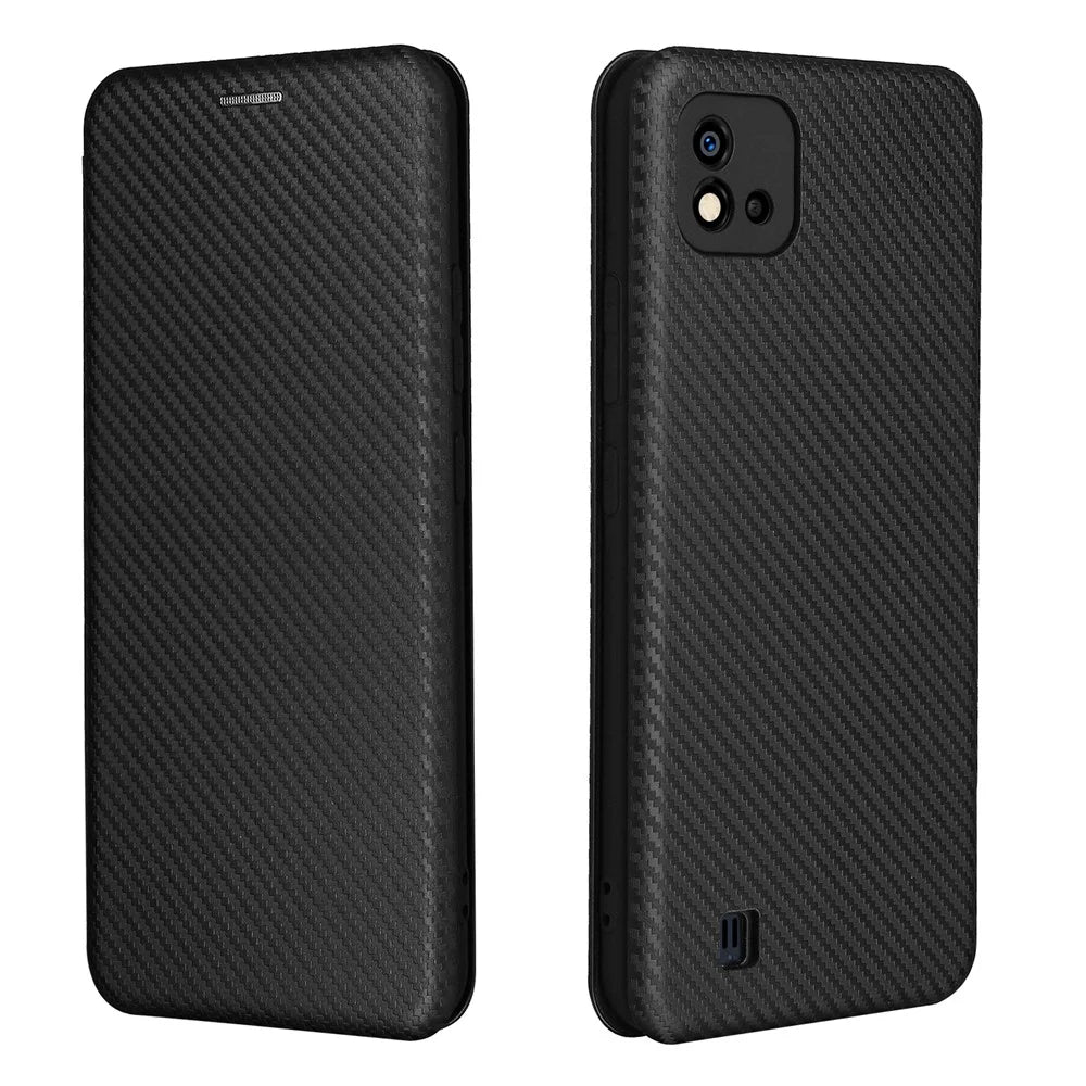 Carbon Fiber Texture Card Slot Auto-absorbed Leather Phone Shell Cover for Realme C11 2021 / C20 - Black - 1