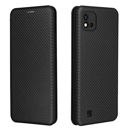 Carbon Fiber Texture Card Slot Auto-absorbed Leather Phone Shell Cover for Realme C11 2021 / C20 - Black - 1