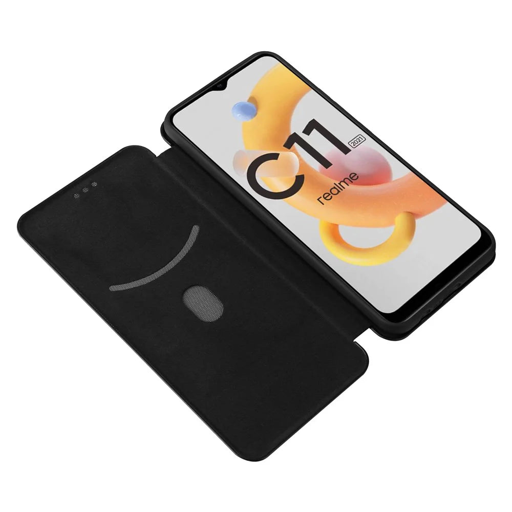 Carbon Fiber Texture Card Slot Auto-absorbed Leather Phone Shell Cover for Realme C11 2021 / C20 - Black - 6
