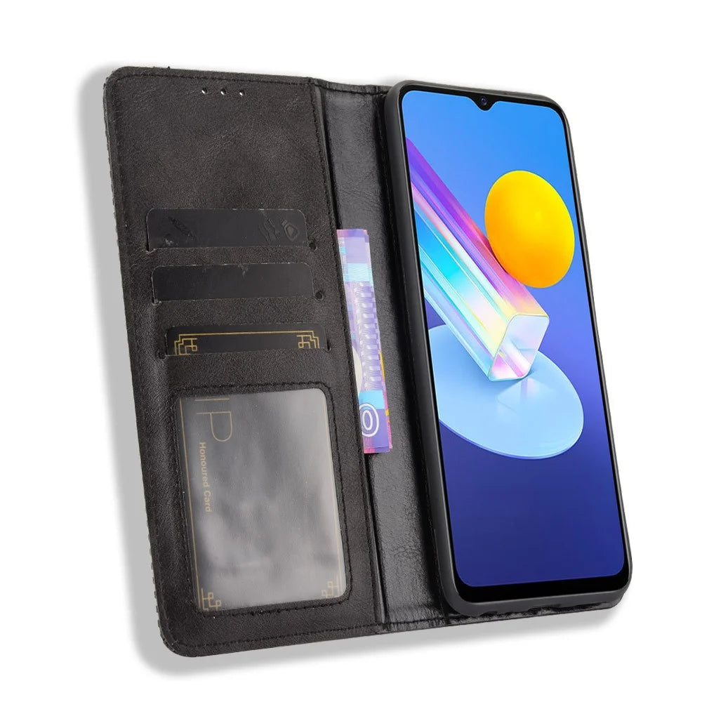 Magnetic Auto-absorbed Vintage Style Phone Wallet Stand Design Leather Case for vivo Y72 5G/iQOO Z3 - Black - 5