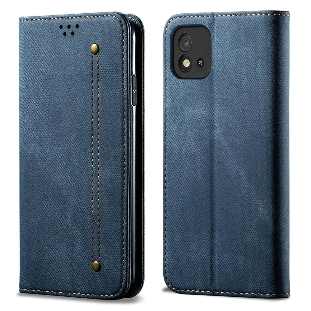Jeans Cloth Texture Full Protection Leather Wallet Stand Phone Shell Case for Realme C20/C11 (2021) - Blue - 1