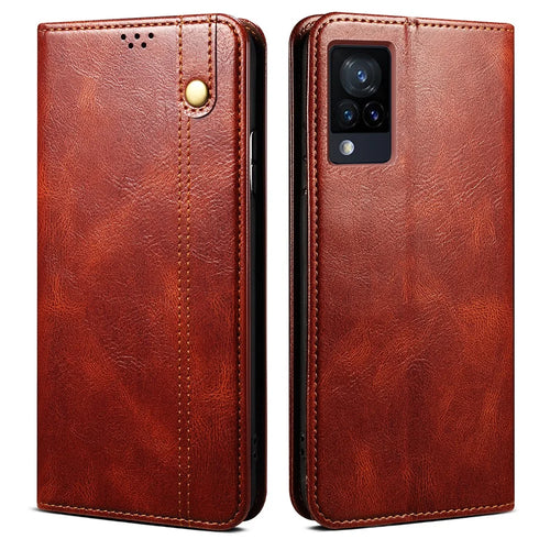 Oil-Waxy Wallet Design Leather Protective Phone Case with Stand for vivo V21e 4G / Y73 2021 - Brown - 1