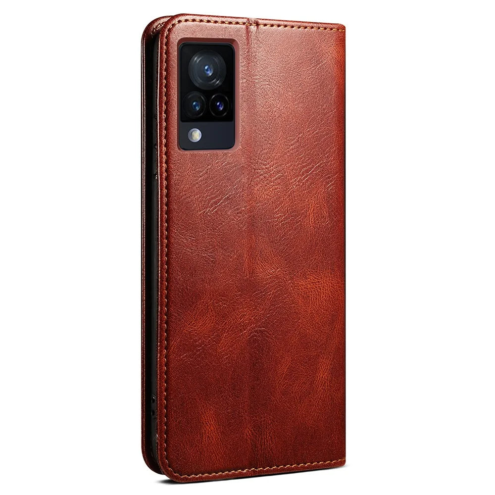 Oil-Waxy Wallet Design Leather Protective Phone Case with Stand for vivo V21e 4G / Y73 2021 - Brown - 3