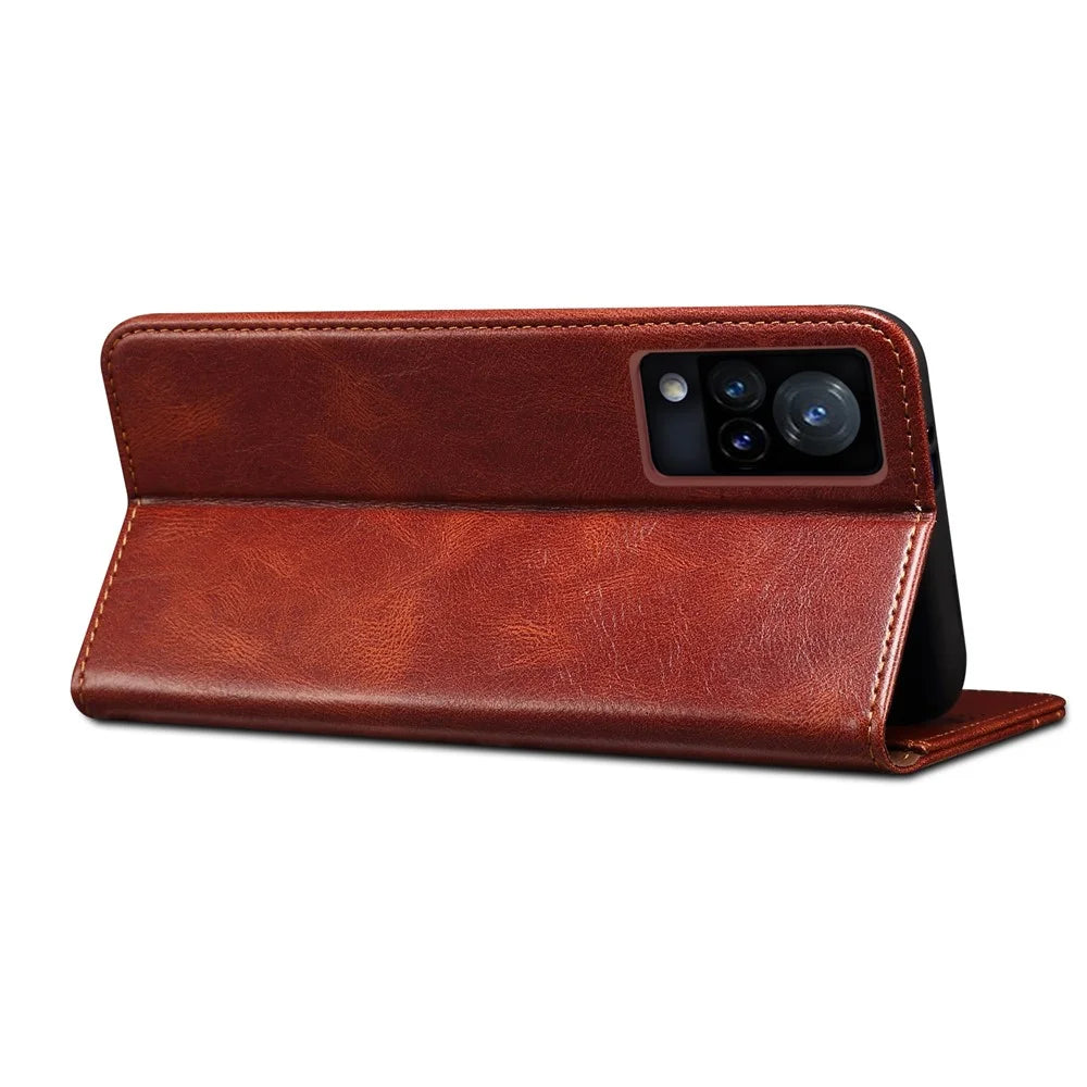 Oil-Waxy Wallet Design Leather Protective Phone Case with Stand for vivo V21e 4G / Y73 2021 - Brown - 4