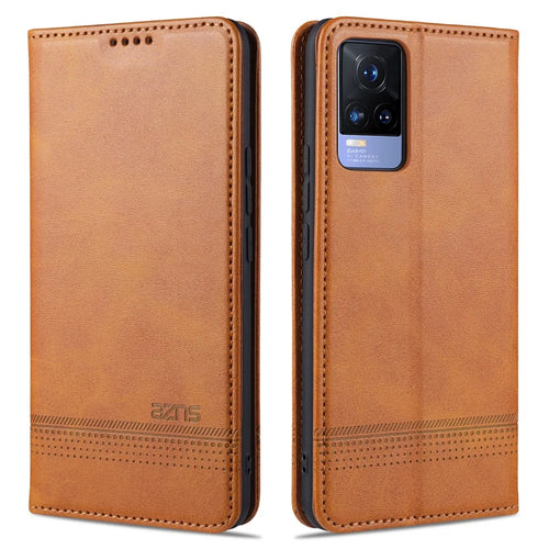 AZNS Auto-absorbed Magnetic Leather Wallet Case Phone Stand Shell for vivo V21e 4G/Y73 (2021) - Brown - 1