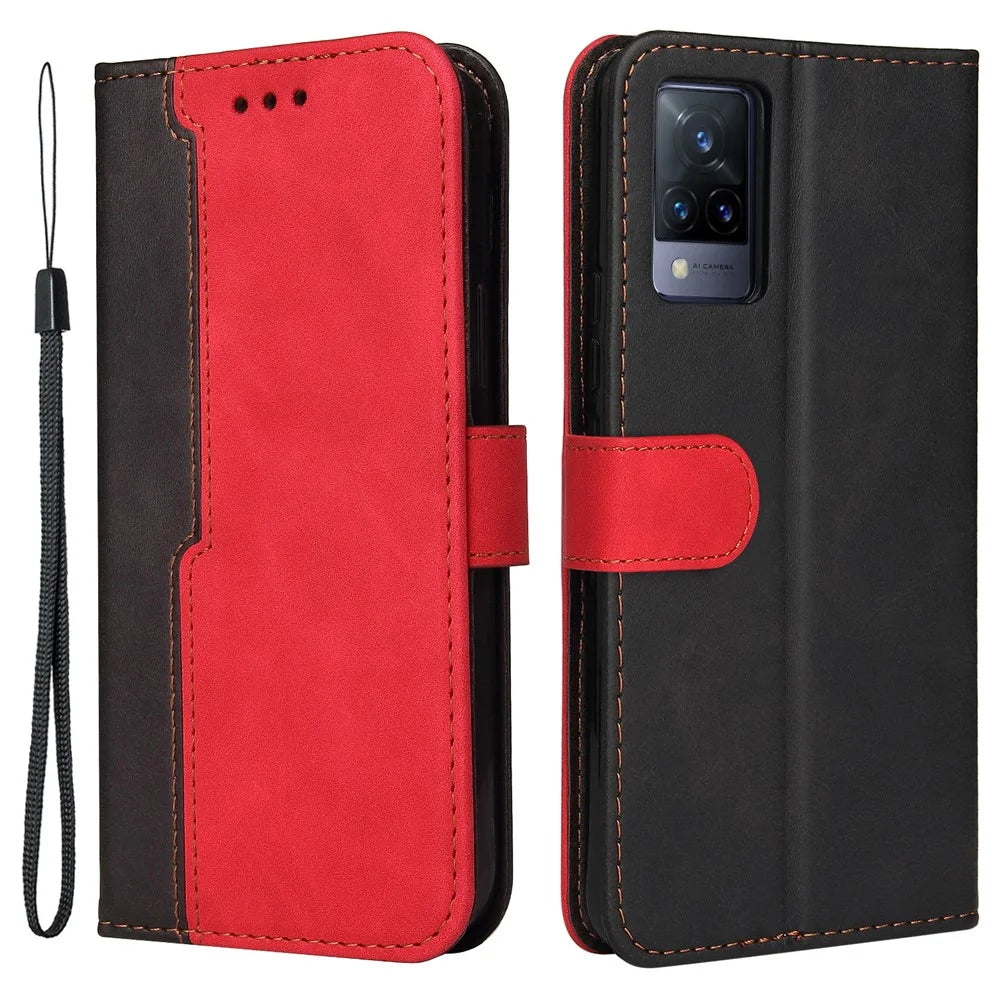 Bi-color Style Soft PU Leather Phone Case Wallet with Strap for vivo V21 4G/5G - Red - 1