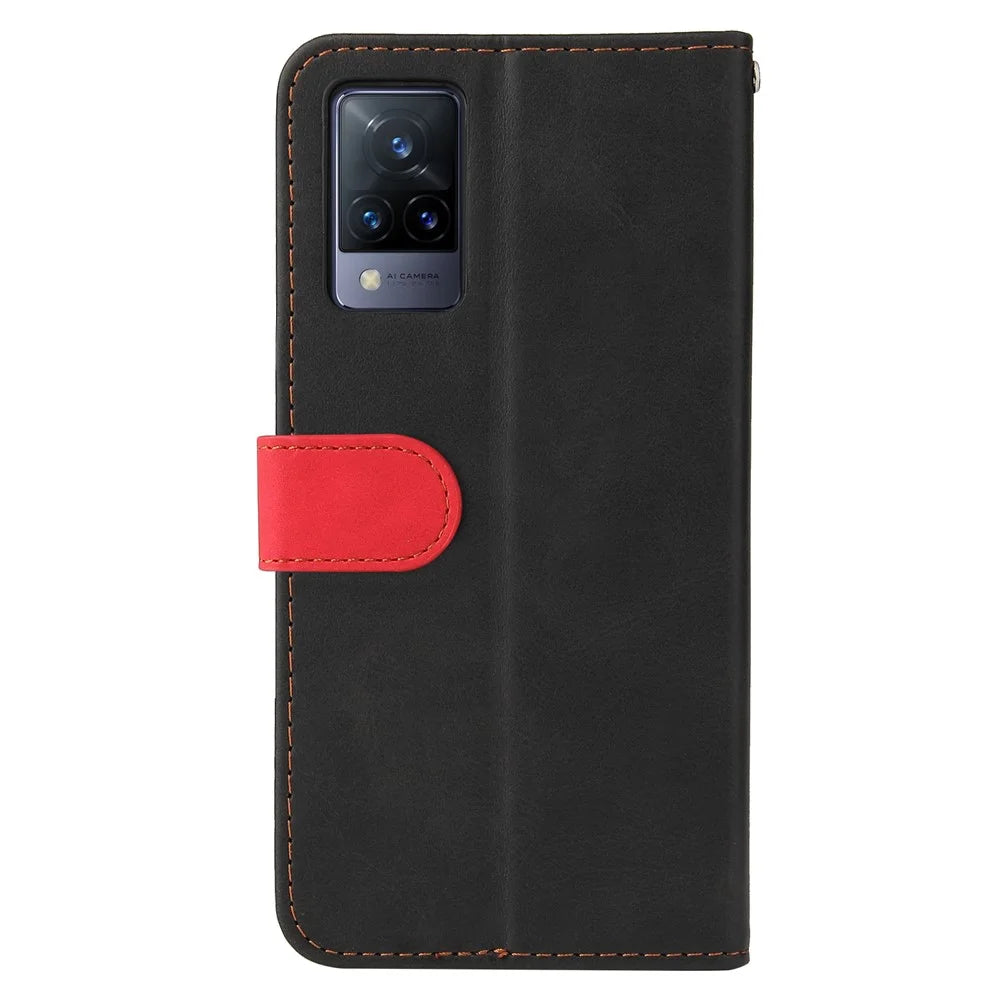 Bi-color Style Soft PU Leather Phone Case Wallet with Strap for vivo V21 4G/5G - Red - 3