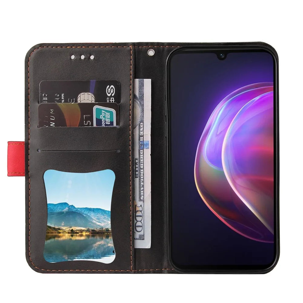 Bi-color Style Soft PU Leather Phone Case Wallet with Strap for vivo V21 4G/5G - Red - 5