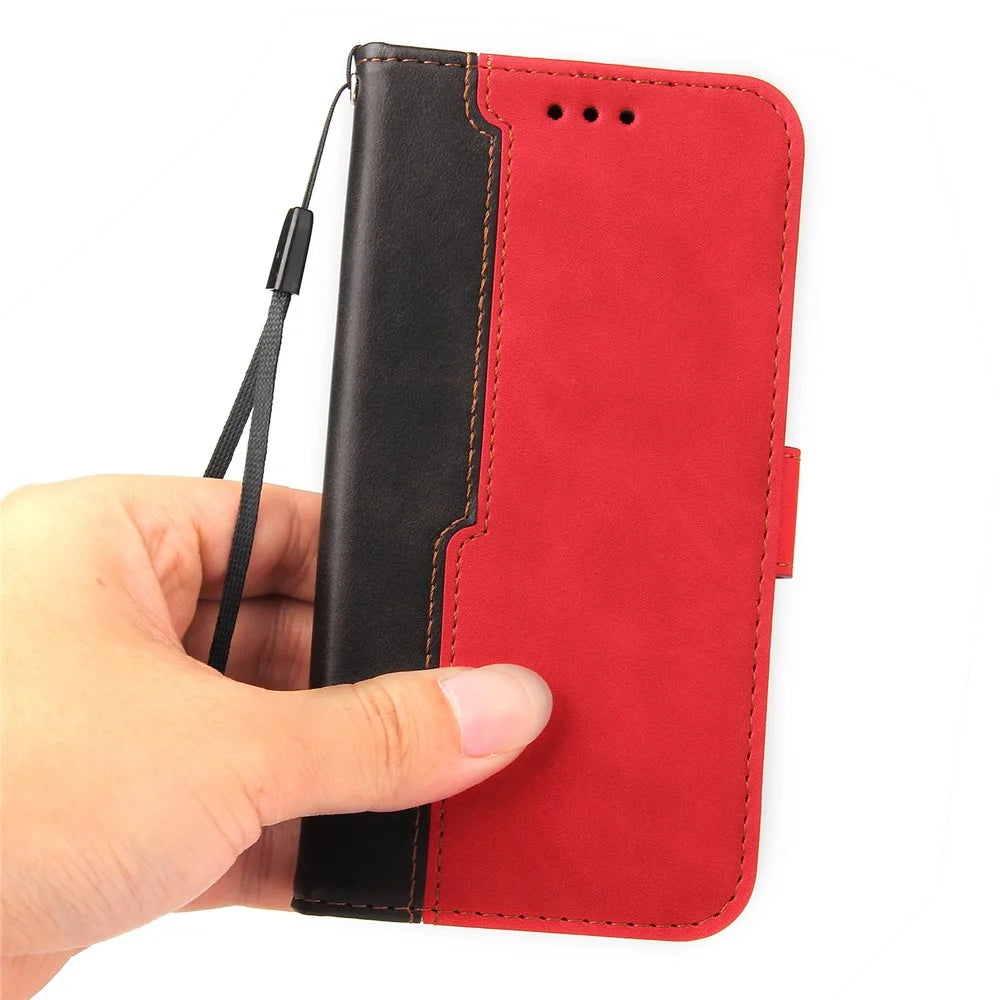 Bi-color Style Soft PU Leather Phone Case Wallet with Strap for vivo V21 4G/5G - Red - 6