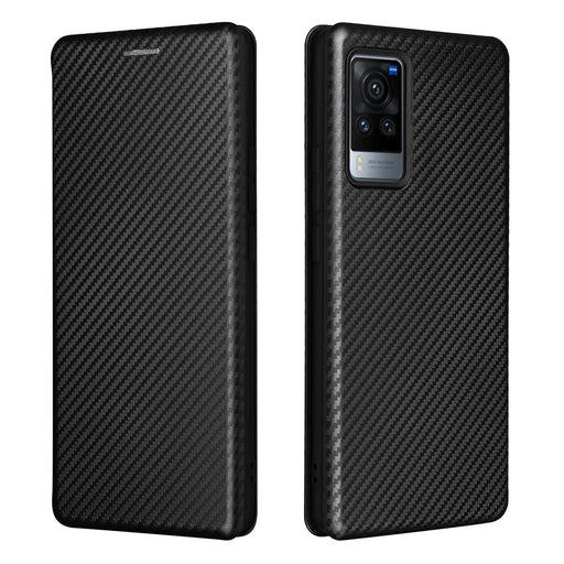 Carbon Fiber Design Durable Shock Absorption Magnetic Leather Case with Card Slot and Ring Strap for vivo X60 Pro 5G (Global) / X60 5G (Curved Screen Version) - Black - 1