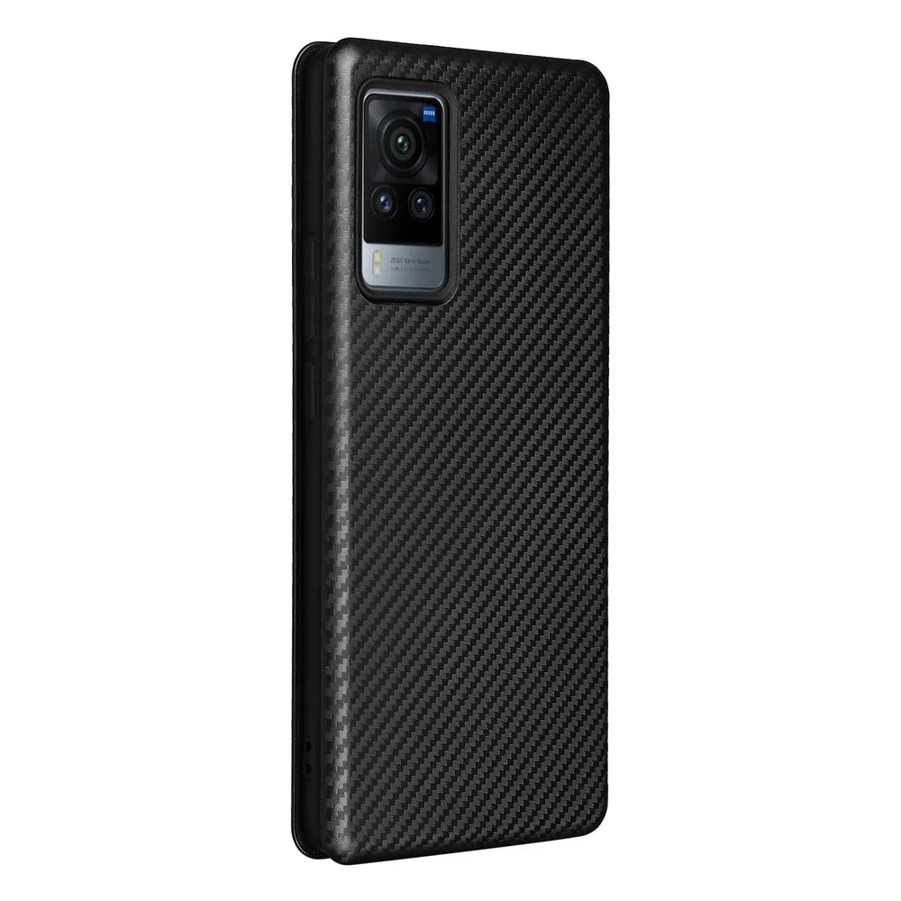 Carbon Fiber Design Durable Shock Absorption Magnetic Leather Case with Card Slot and Ring Strap for vivo X60 Pro 5G (Global) / X60 5G (Curved Screen Version) - Black - 3