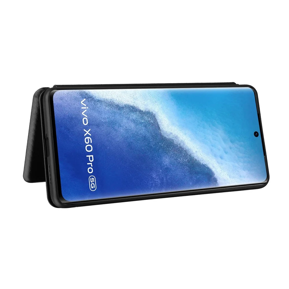 Carbon Fiber Design Durable Shock Absorption Magnetic Leather Case with Card Slot and Ring Strap for vivo X60 Pro 5G (Global) / X60 5G (Curved Screen Version) - Black - 4