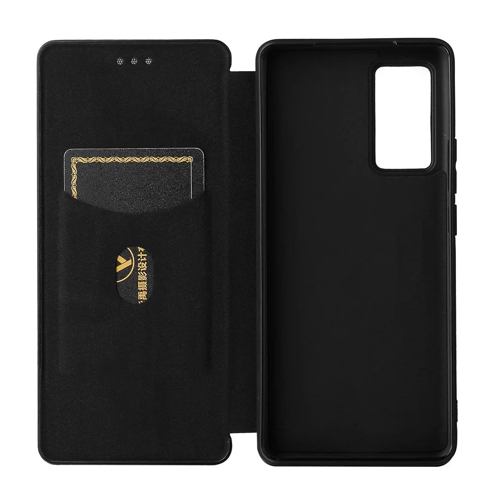 Carbon Fiber Design Durable Shock Absorption Magnetic Leather Case with Card Slot and Ring Strap for vivo X60 Pro 5G (Global) / X60 5G (Curved Screen Version) - Black - 5