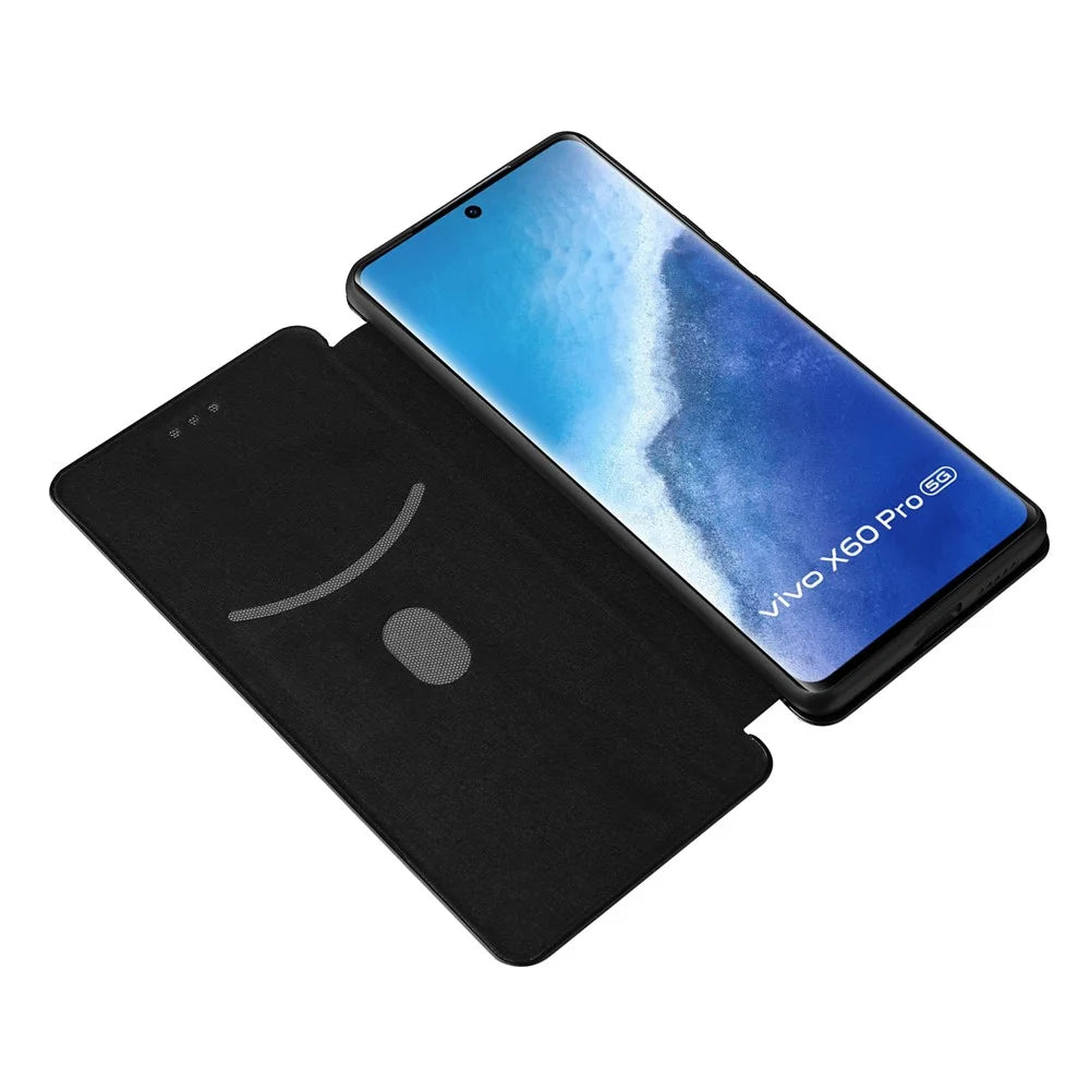 Carbon Fiber Design Durable Shock Absorption Magnetic Leather Case with Card Slot and Ring Strap for vivo X60 Pro 5G (Global) / X60 5G (Curved Screen Version) - Black - 6