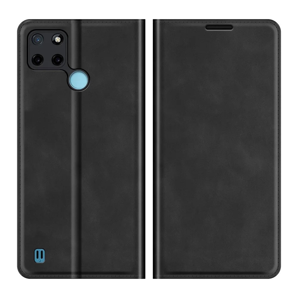 Auto-absorbed Skin-touch Feel Wallet Design Leather Cover Stand Case for Realme C21Y - Black - 1