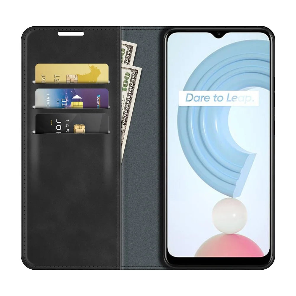 Auto-absorbed Skin-touch Feel Wallet Design Leather Cover Stand Case for Realme C21Y - Black - 4