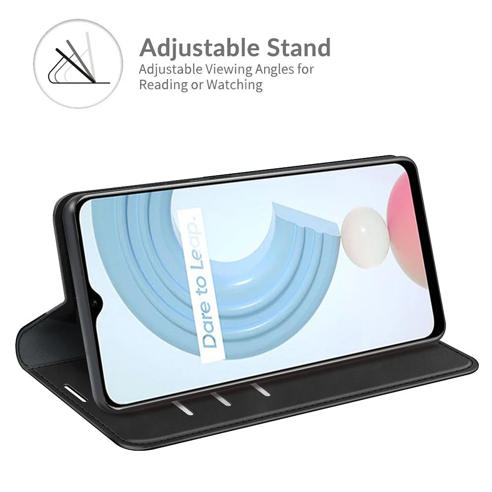 Auto-absorbed Skin-touch Feel Wallet Design Leather Cover Stand Case for Realme C21Y - Black - 5