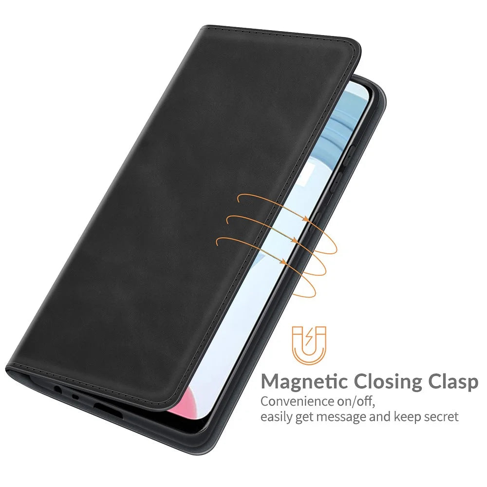 Auto-absorbed Skin-touch Feel Wallet Design Leather Cover Stand Case for Realme C21Y - Black - 6