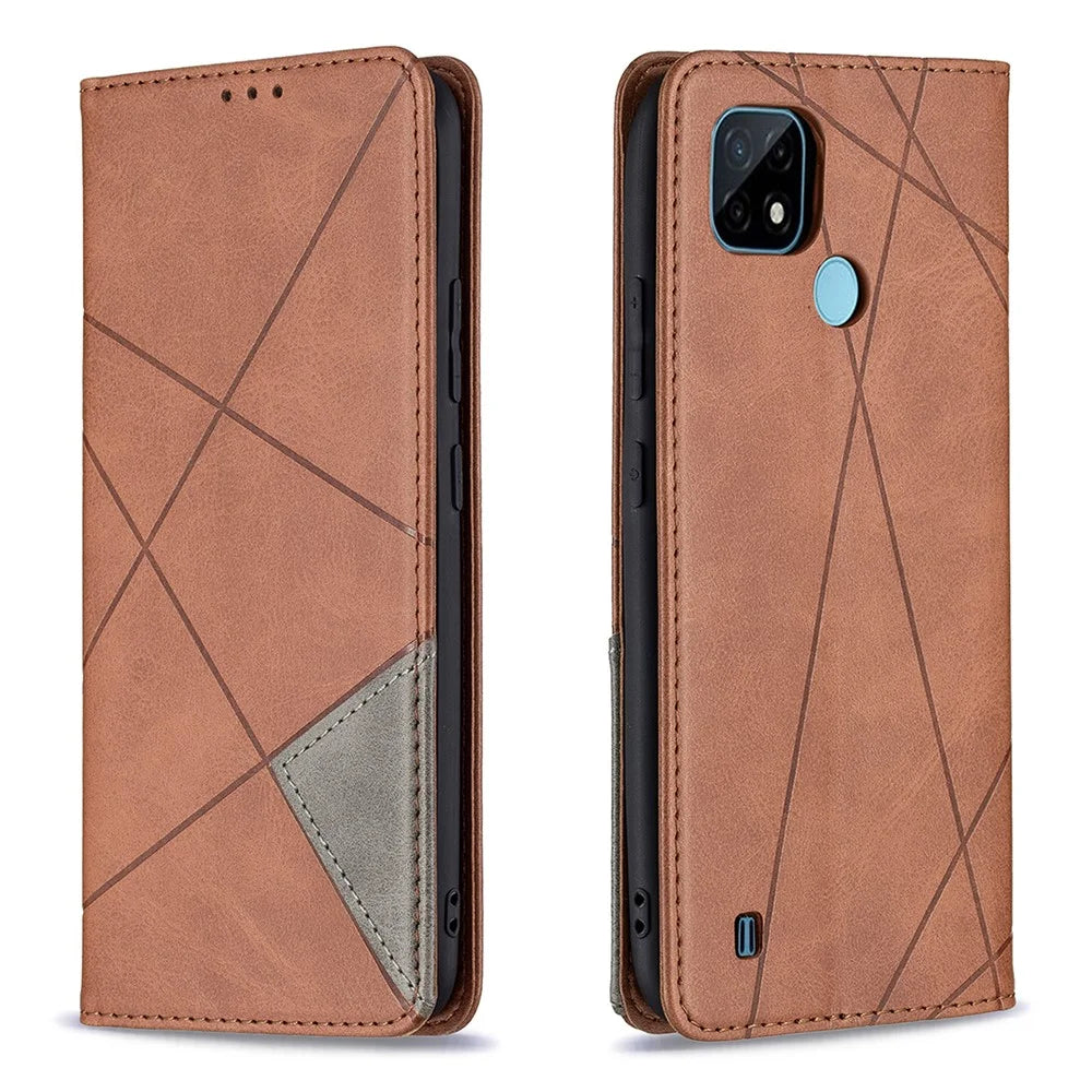 For Realme C21 / C20 Rhombus-Like Imprinting Leather Stand Case Card Holder Shell [With Fingerprint Hole] - Brown - 1